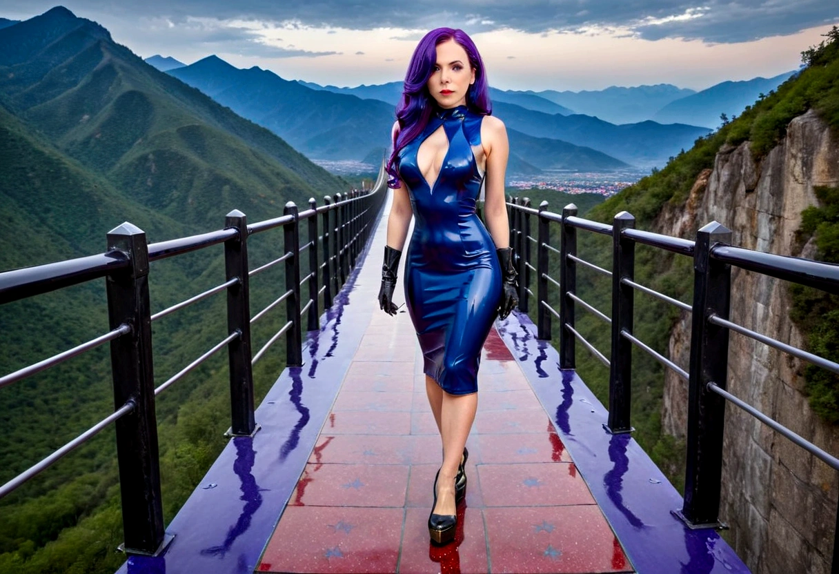 hdr, best image, 8k, photo 3;1, of A beautiful woman, blue latex dress, below the knee, long purple hair, 'black shoes', standing in 1; narrow bridge, white ivory with GOLD, red tile floor, high, over the mountains, descending to the infinity of the universe, stars of the cosmos, universe, giant mountain