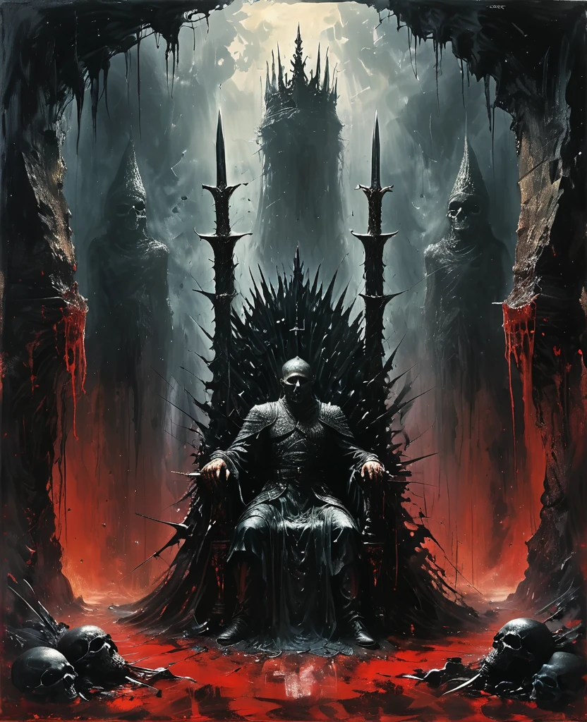 Cave,Underground Kingdom,Gothic style,A painting,(((Throne of Swords:1.37)))On a pile of skulls, Disturbing, crawl, gloomy, rotten, Blood rushes like a river,