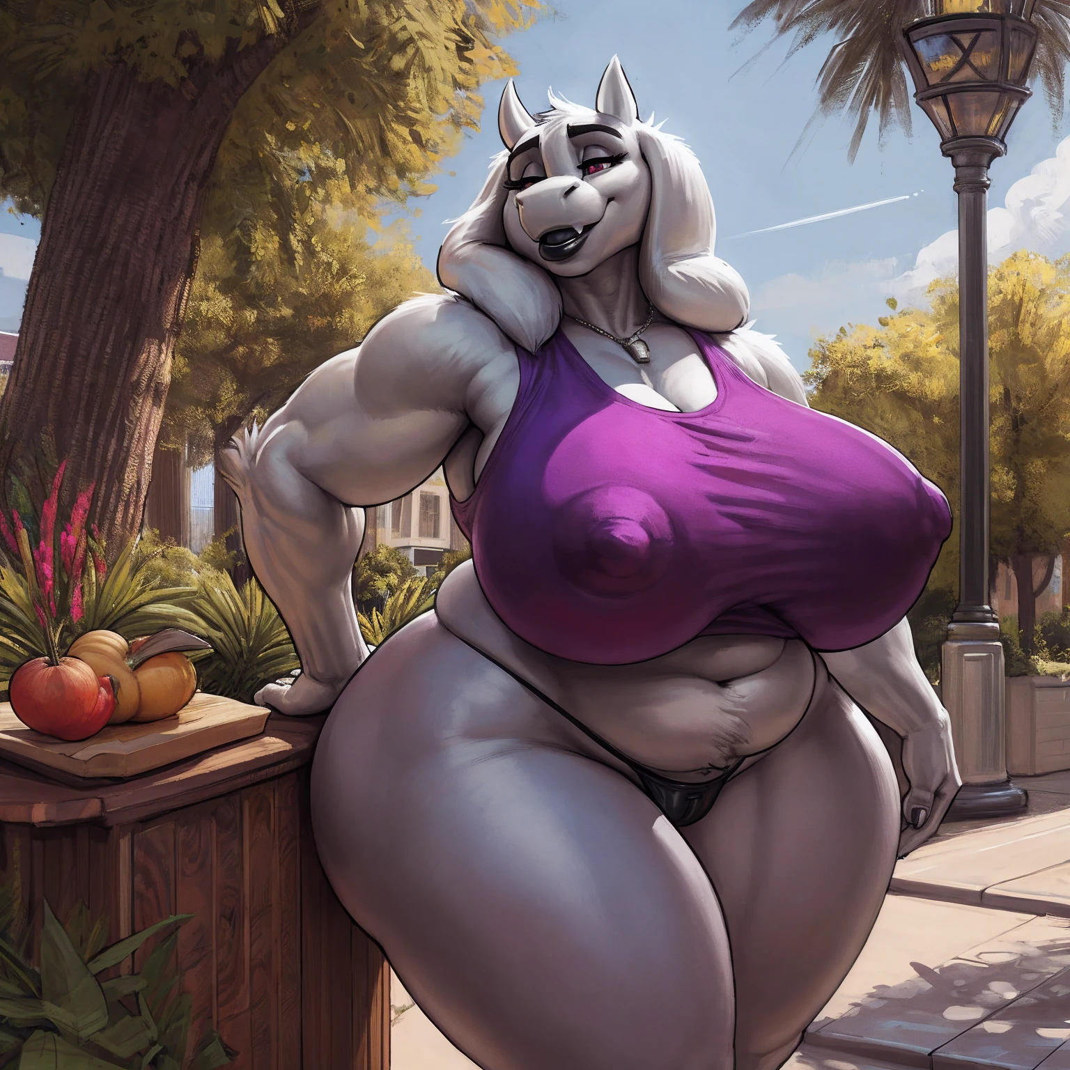 by darkgem, by duase, by kevinsano, by bng, by sligarthetiger, by zaush, solo, 1girl, toriel, maroon eyes, female, older woman, furry body, chubby, heavyset, broad shoulders, wide body, thick thighs, big arms, (huge breasts:1.1), heavy breasts, nipple outline, highly detailed eye, (black pupil:1.3), milf, tank top, (bare midriff:1.3), cleavage, large areolae, (g-string:1.3), Masterpiece, best quality, absurd res, highly detailed, cleanly drawn eyes, park environment, standing upright, cute smile, (big bottom lip:1.2), black lipstick, casual posture,