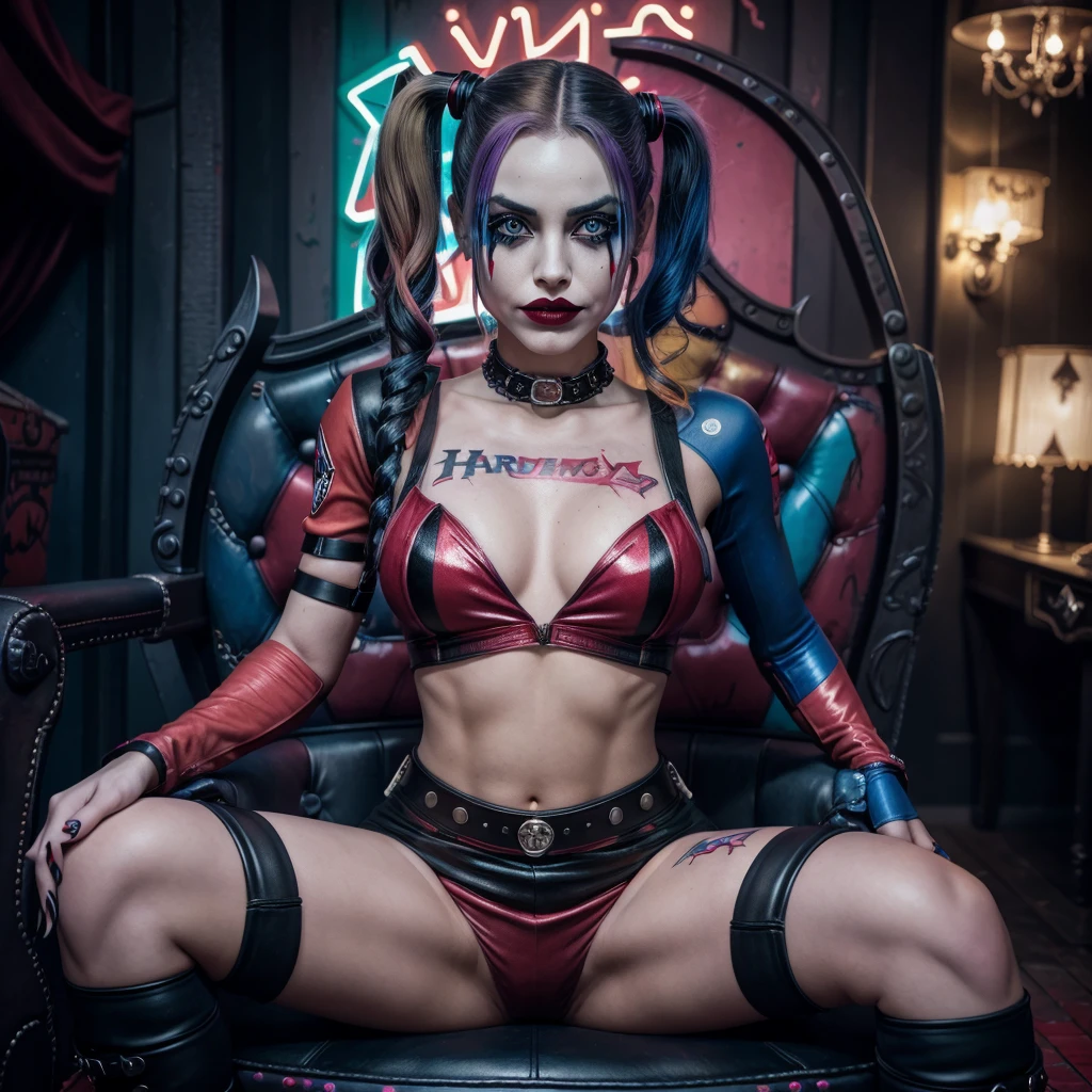 a Harley Quinn girl with crazy makeup, wearing a sexy small outfit, posing with guns near her Joker themed throne in a Fun House of Death, 1girl, extremely detailed face and eyes, beautiful detailed lips, long eyelashes, photorealistic, 8k, hyper detailed, highly detailed, masterpiece, vibrant colors, dramatic lighting, cinematic, surreal, gothic, dark, moody