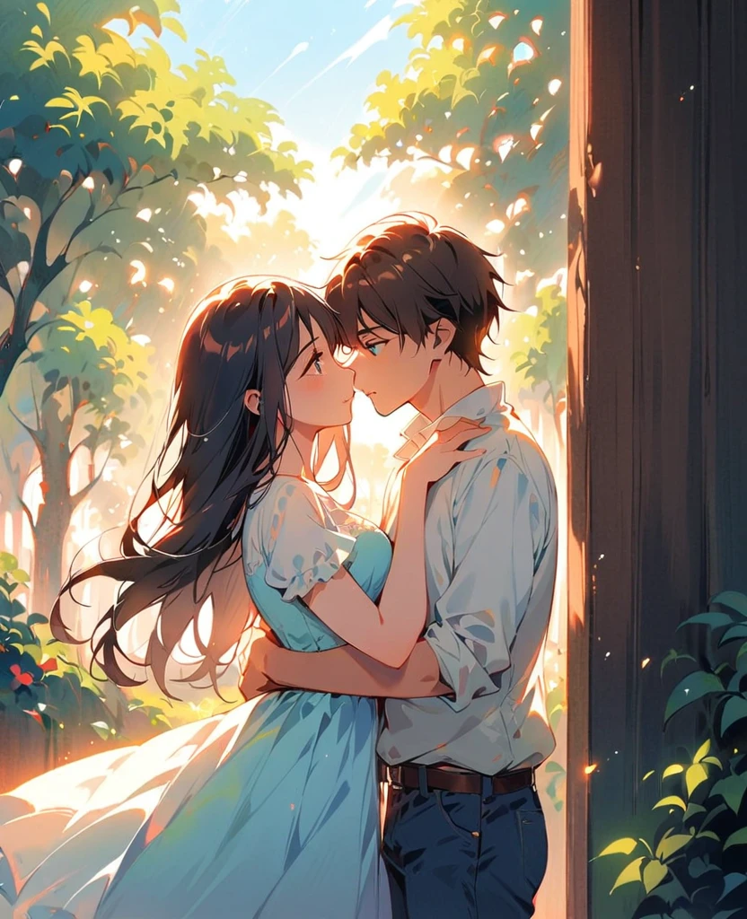 (Highest quality:1.2), 1 Girl, 1 boy, Face to face, Looking at each other, Stand apart, both Stand apart, kiss, Blue Jeans, whole body, Fine grain, Detailed lips, Beautiful atmosphere, Sunlight filtering through the trees, Vibrant colors, Landscape Background, Soft lighting, Breeze, Romantic moments