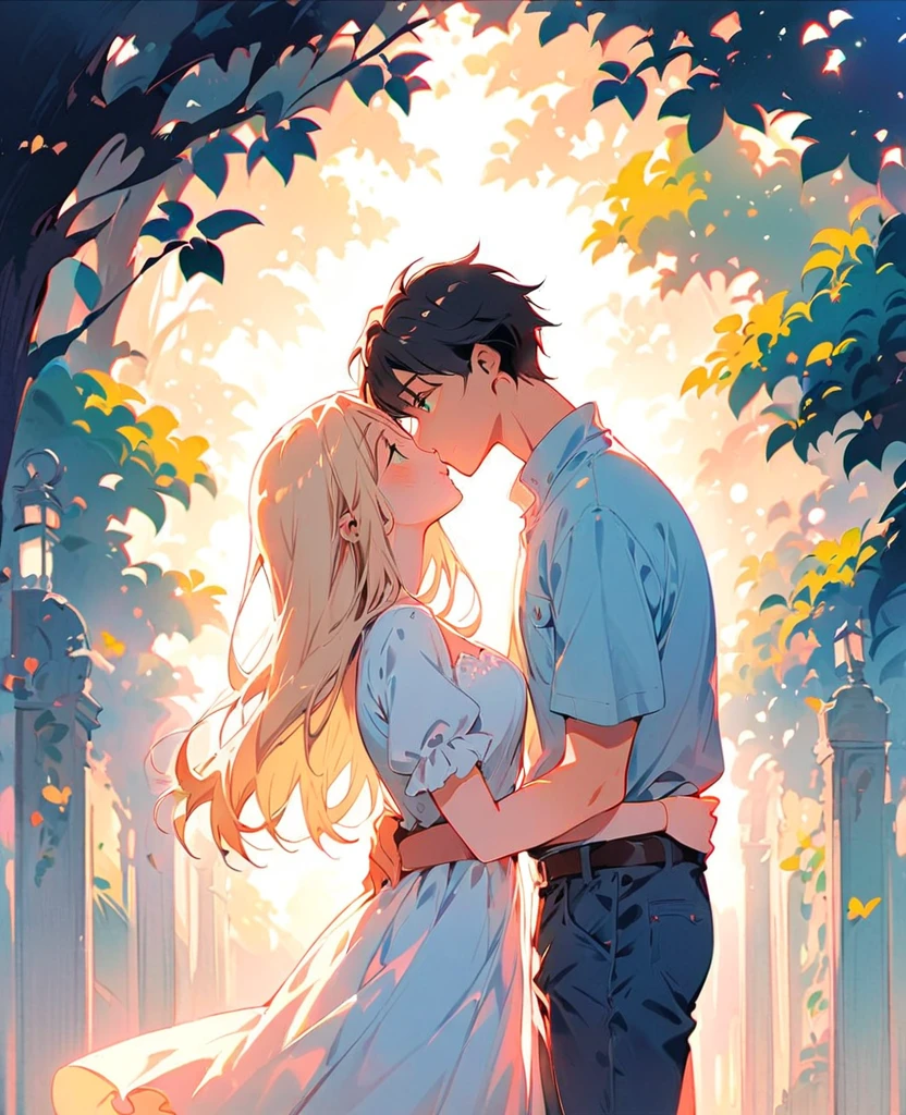 (Highest quality:1.2), 1 Girl, 1 boy, Face to face, Looking at each other, Stand apart, both Stand apart, kiss, Blue Jeans, whole body, Fine grain, Detailed lips, Beautiful atmosphere, Sunlight filtering through the trees, Vibrant colors, Landscape Background, Soft lighting, Breeze, Romantic moments