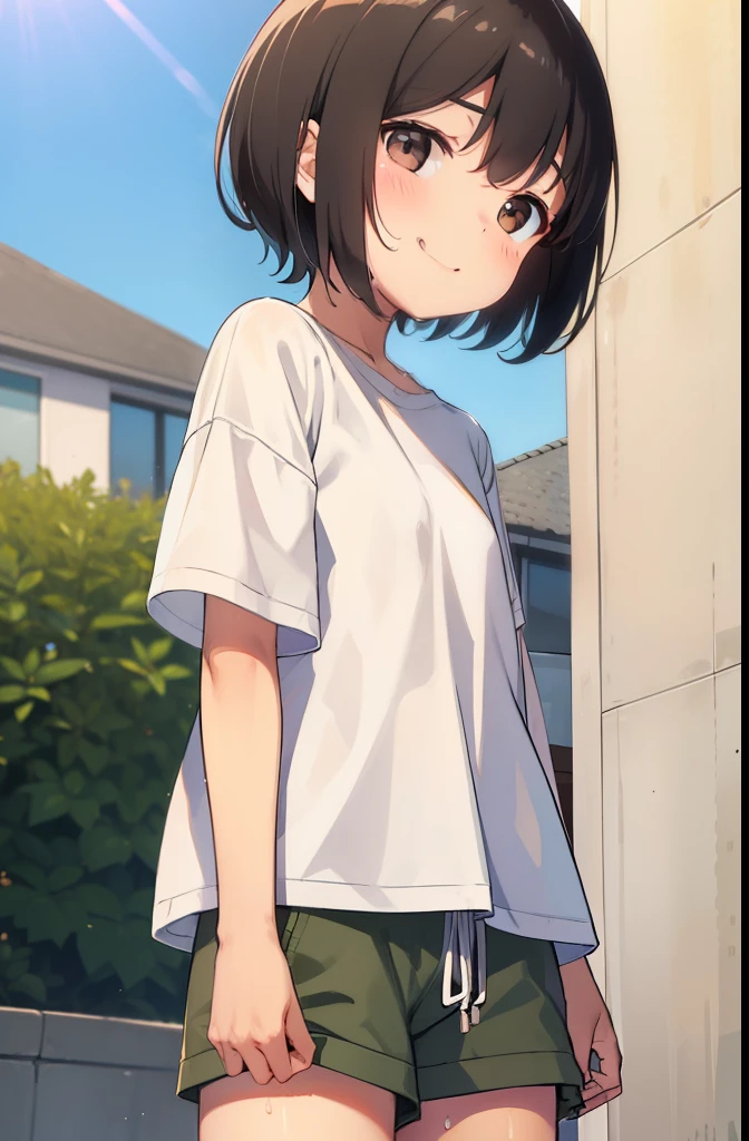 Residential Street,smile,Are standing,Put your hands behind your back,Heart Eyes,1 ,boyish.Two-block shorthair,Black Hair,blush,White T-shirt,Olive green shorts,Brown Sandals,White skin,summer,From below,Open your hands,shy,Sweat,Please open your mouth wide,saliva,