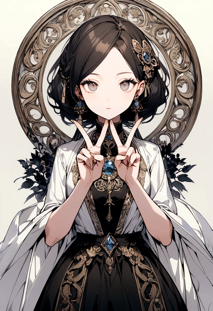 Women、Expressionless、TWearing a shirt、Making a peace sign