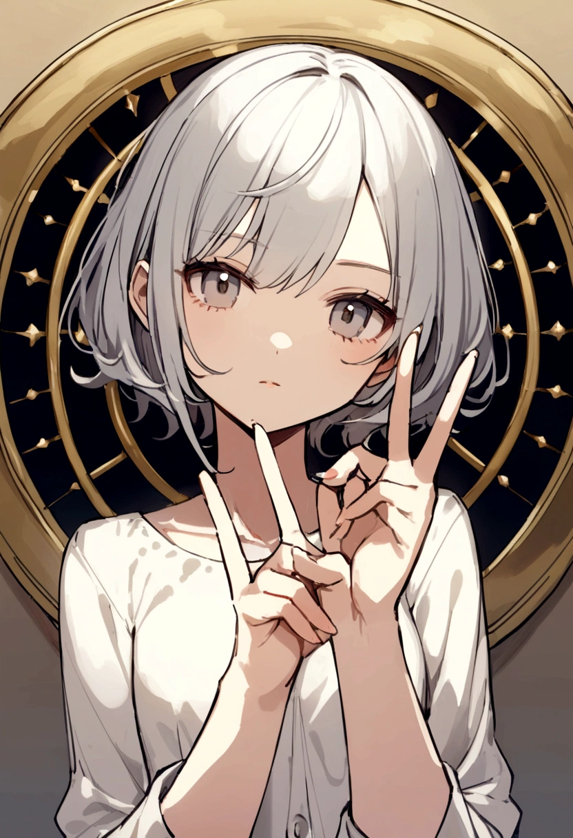 Women、Expressionless、TWearing a shirt、Making a peace sign