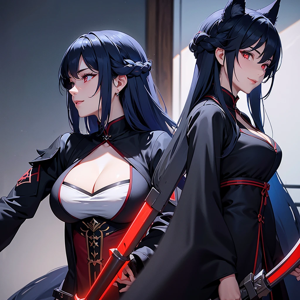 A close-up of her cleavage from a profile angle。
Smiling and looking up。
Assassin holds his weapon。
Dark Background。
Long blue hair and wolf ears。Mature woman with red eyes。
Clothes with main color black and sub color red。
Draw hands in detail。