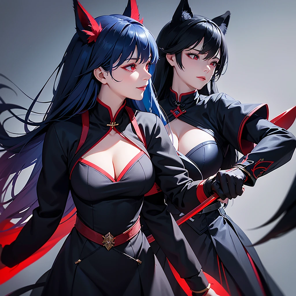 A close-up of her cleavage from a profile angle。
Smiling and looking up。
Assassin holds his weapon。
Dark Background。
Long blue hair and wolf ears。Mature woman with red eyes。
Clothes with main color black and sub color red。
Draw hands in detail。