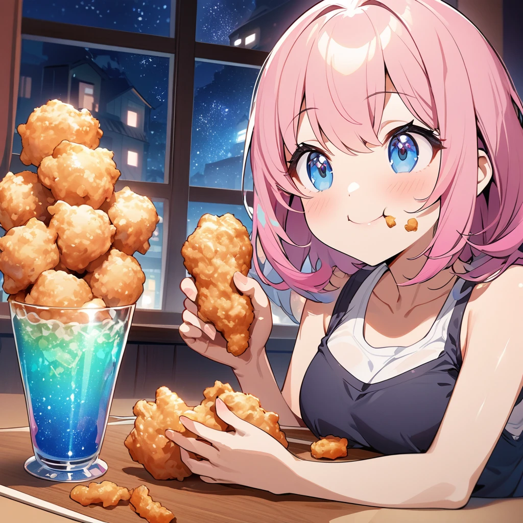 masterpiece、Highest quality、Depth of subject、2D illustration、1 beautiful girl、独奏, (((chibi style)))、((night)), ((window)), ((starry sky)), Long, beautiful hair、Shiny pink hair、cute、Beautifully detailed eyes、((Tank top))、a glass of blue soda, ((colorful))、mini skirt、((happy smile))、((cat cluster)), ((close up shot))、((eating fried chicken)), ((in the room))、((There's a lot of pink around))、Thighs、((vivid color))、sparkle、((Lens flare))、
