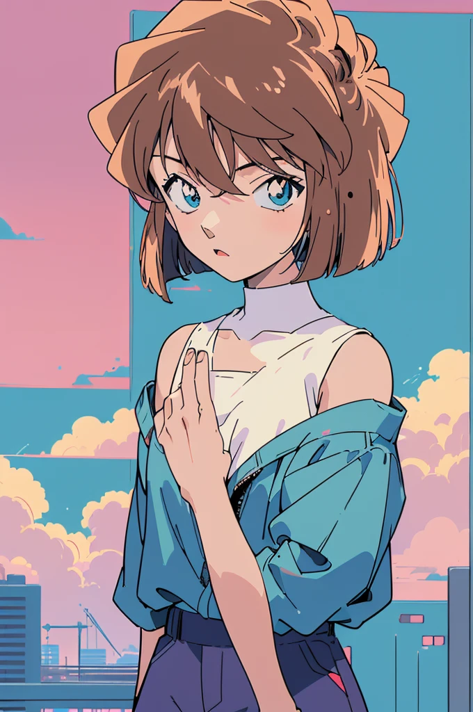 masterpiece, best quality, beautiful face, (street, upper body:1.4), anime style, (1girl in, Solo:1.0), (Haibara Ai), ((Short pants)), (((Big eyes))), (Cute anime girl head), (flat chest),looking at viewer,With a height of 100cm, shoot from front, (head shot), Simple line minimalism, Abstract Art, City background, anime opening movie