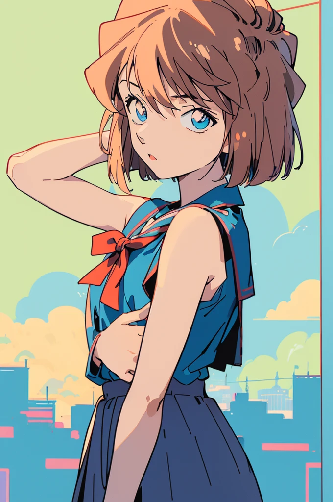 masterpiece, best quality, beautiful face, (street, upper body:1.4), anime style, (1girl in, Solo:1.0), (Haibara Ai), ((Short pants)), (((Big eyes))), (Cute anime girl head), (flat chest),looking at viewer,With a height of 100cm, shoot from front, (head shot), Simple line minimalism, Abstract Art, City background, anime opening movie