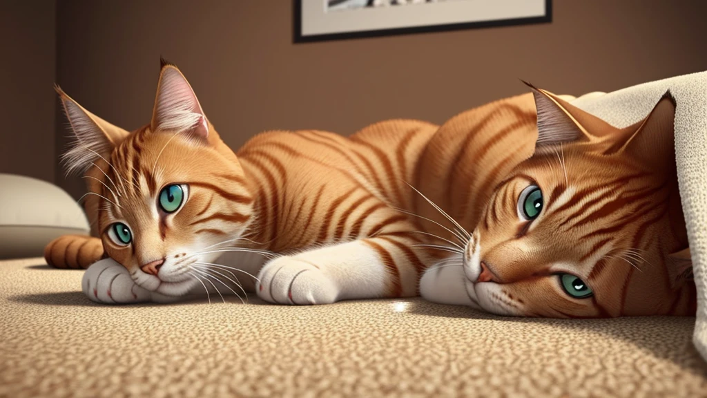 inside bedroom there is a cat that is laying under a blanket on the bed, a sick cat laying in a bedroom, gif, awww, ginger cat, very very realistic, very hyper realistic, ( ultra realistic, sad cat, very realistic, waking up, ginger cat in mid action, ultra realistic picture, Disney's Bambi cat, cinematic shot!, late morning, very very very realistic, cinematic, portrait photography, anime, poster, 3d render