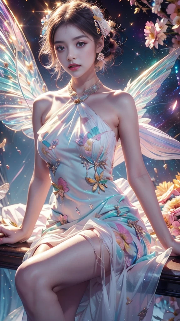 4k ultra high definition, masterpiece, A girl, good face, Delicate eyes, Delicate lips, Flower fairy girl, Big Wings, Transparent wings, Neon, (Galaxy Background:1.5), (Floral Dress:1.5), (green dress), in heaven, sitting,