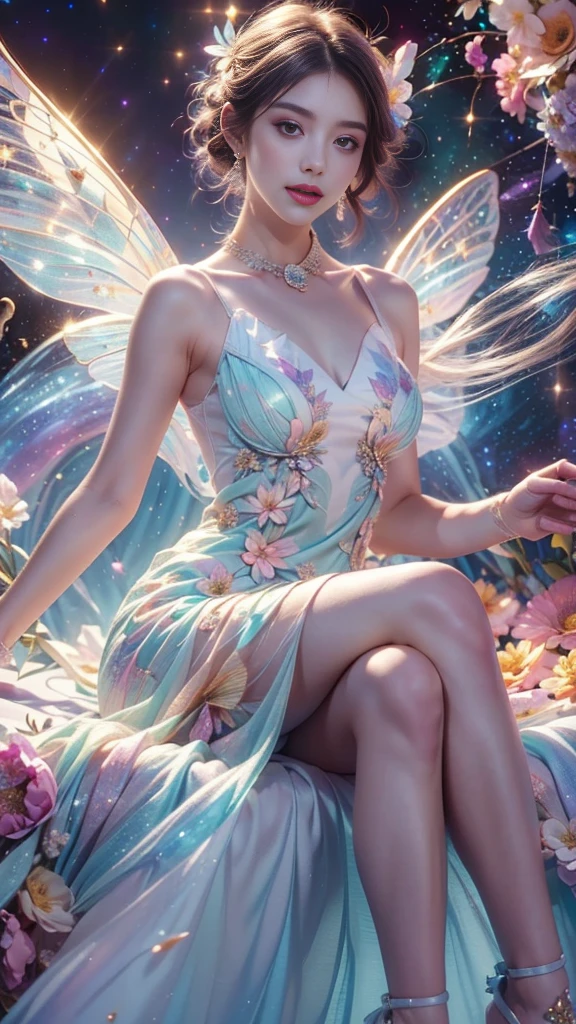 4k ultra high definition, masterpiece, A girl, good face, Delicate eyes, Delicate lips, Flower fairy girl, Big Wings, Transparent wings, Neon, (Galaxy Background:1.5), (Floral Dress:1.5), (green dress), in heaven, sitting,