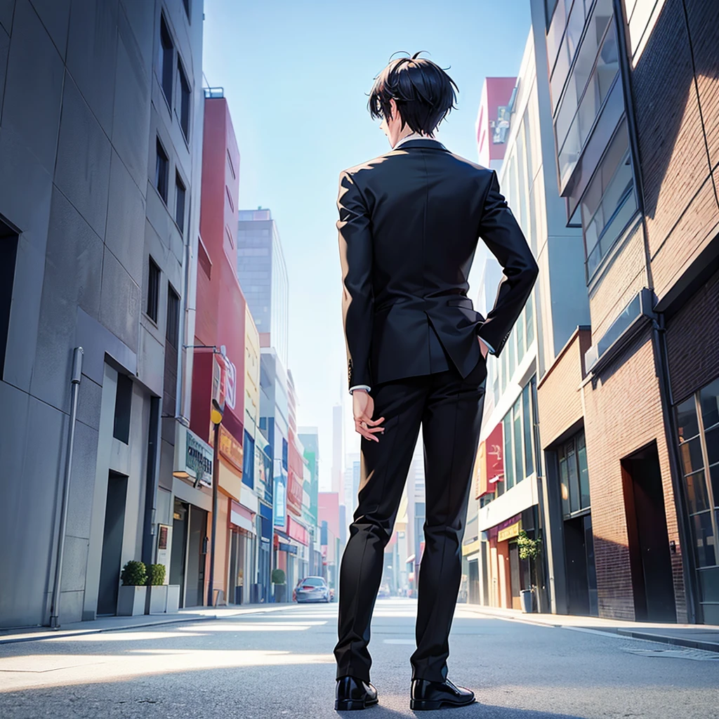 Anime black-haired man in a suit turns his back and stands in the city.