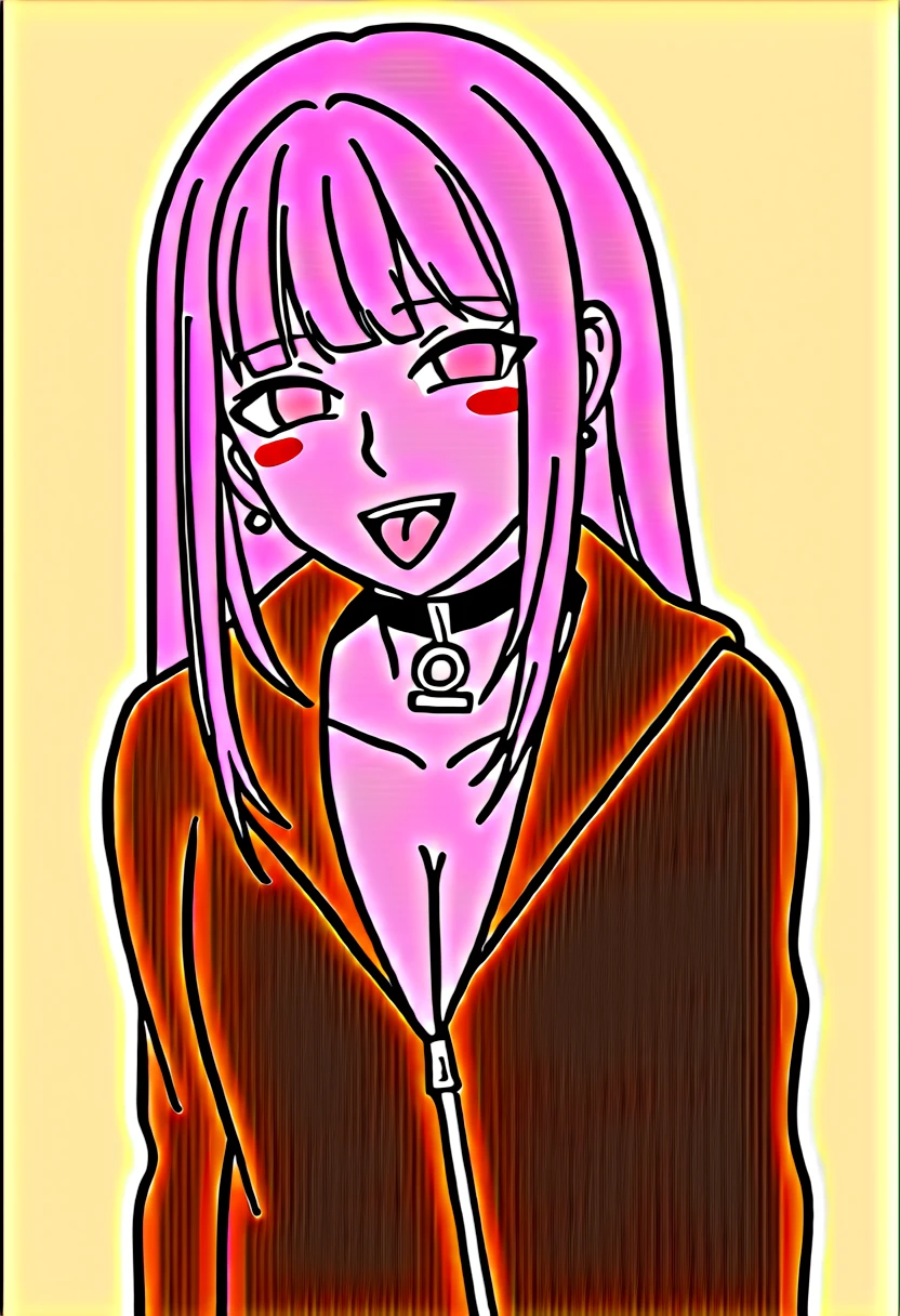 (masterpiece:1.2)、Highest quality、PIXIV、Rebellious girl、One girl、Open your mouth、鋭いteeth、teeth、Long Hair、Street background、gem、badge、ボタンbadge、Food、Pink Eyes、Earrings、Jacket、eyelash、Foodを下にして、star (symbol)、Upper Body、Characters in clothes、zipper、collar、cable、chain、tongue、Stickers、hoodie、smile、spike、Focus on the viewer、長いtongue、Chest in the center、Shoulder Bare、Belly button、Black and white hair color,leaning forward,Cyberpunk city,Night view,Black and white grey outfit