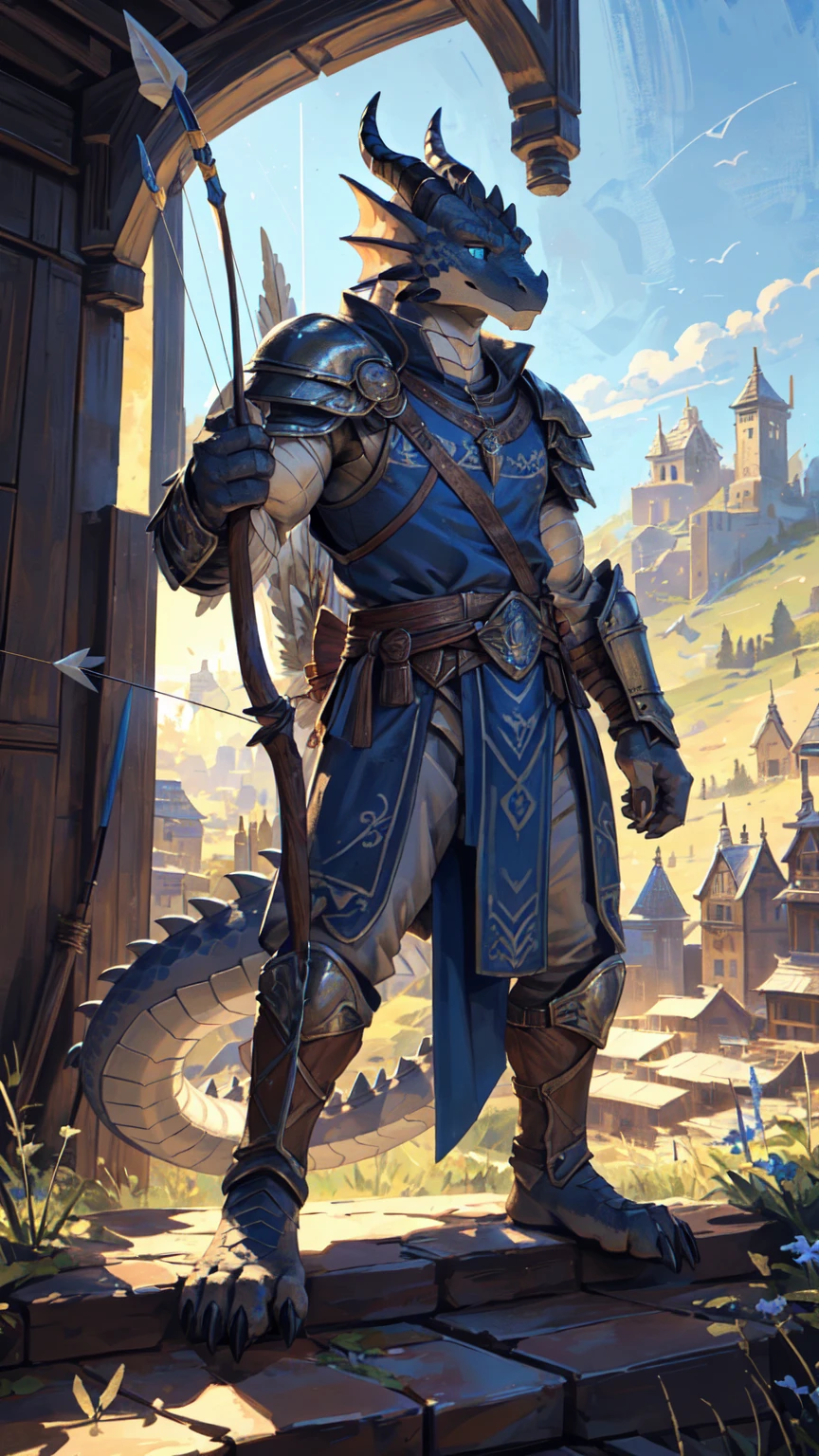((middle Ages:1.3，Range background:1.5))，Royal Family:1.2，((Holding a bow and arrow:1.5))，((sunny:1.4))，high resolution，4K，(((9:16 Whole body:1.1，Strike a pose:1.5)))，masterpiece，high quality，((Dragon Archer，bow and arrow:1.4))，male，龙Furry，(teenager:1.3)，hairy，((Heroic and Calm:1.4))，(((Slender face:1.2，Lean:1.2，Long legs:1.3，Thick 龙 tail:1.2)))，(((Gray head:1.2，Blue pupils:1.2，neck:1.3，Gray Hands:1.4，muscle:1.3)))，(((White Armor:1.3，There is a blue flag on the armor:1.4)))，Exquisite eyes，Detailed body，Detailed hands，Detailed feet，Kenket&#39;s Art