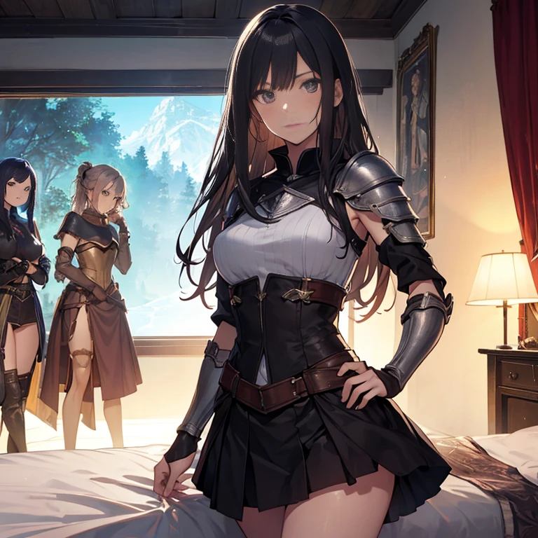 A group of female medieval fantasy adventurers, (in bedroom), various hair styles, harem, night, details face, short skirt, seducing, sleeveless, armor