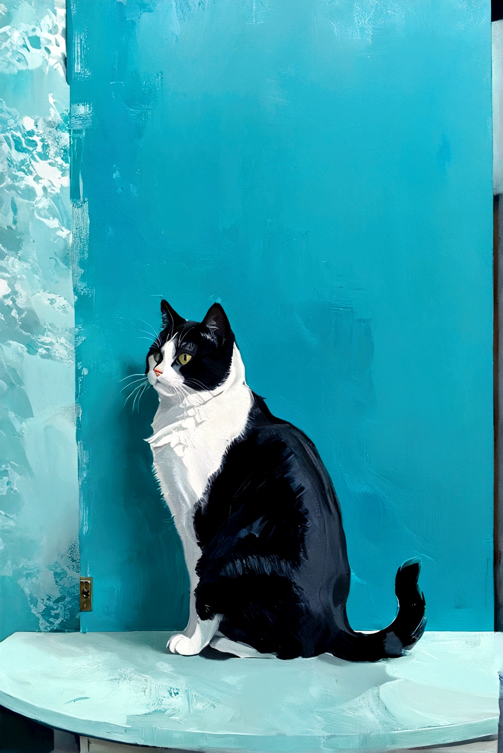 cyan background，Fat Cat，whole body，bright，Black and white cat，On the table cabinet，bright背景，Transparent glass，Abstract Art，Thick Texture Paint