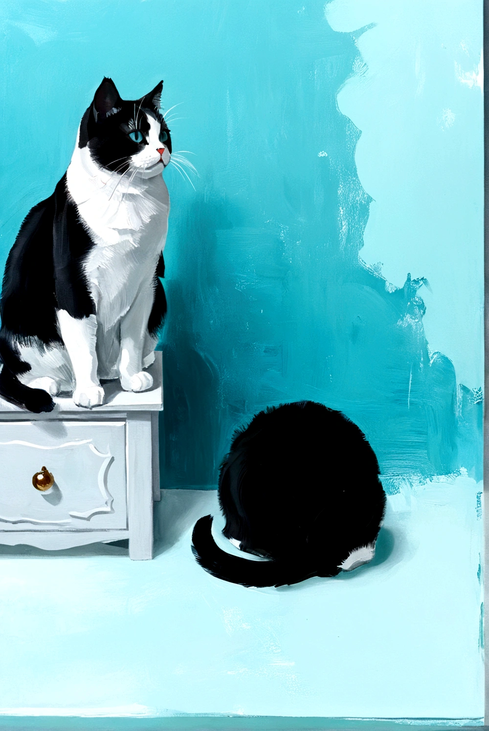 cyan background,Fat Cat,whole body,bright,Black and white cat,On the table cabinet,bright背景,Transparent glass,Abstract Art,Thick Texture Paint