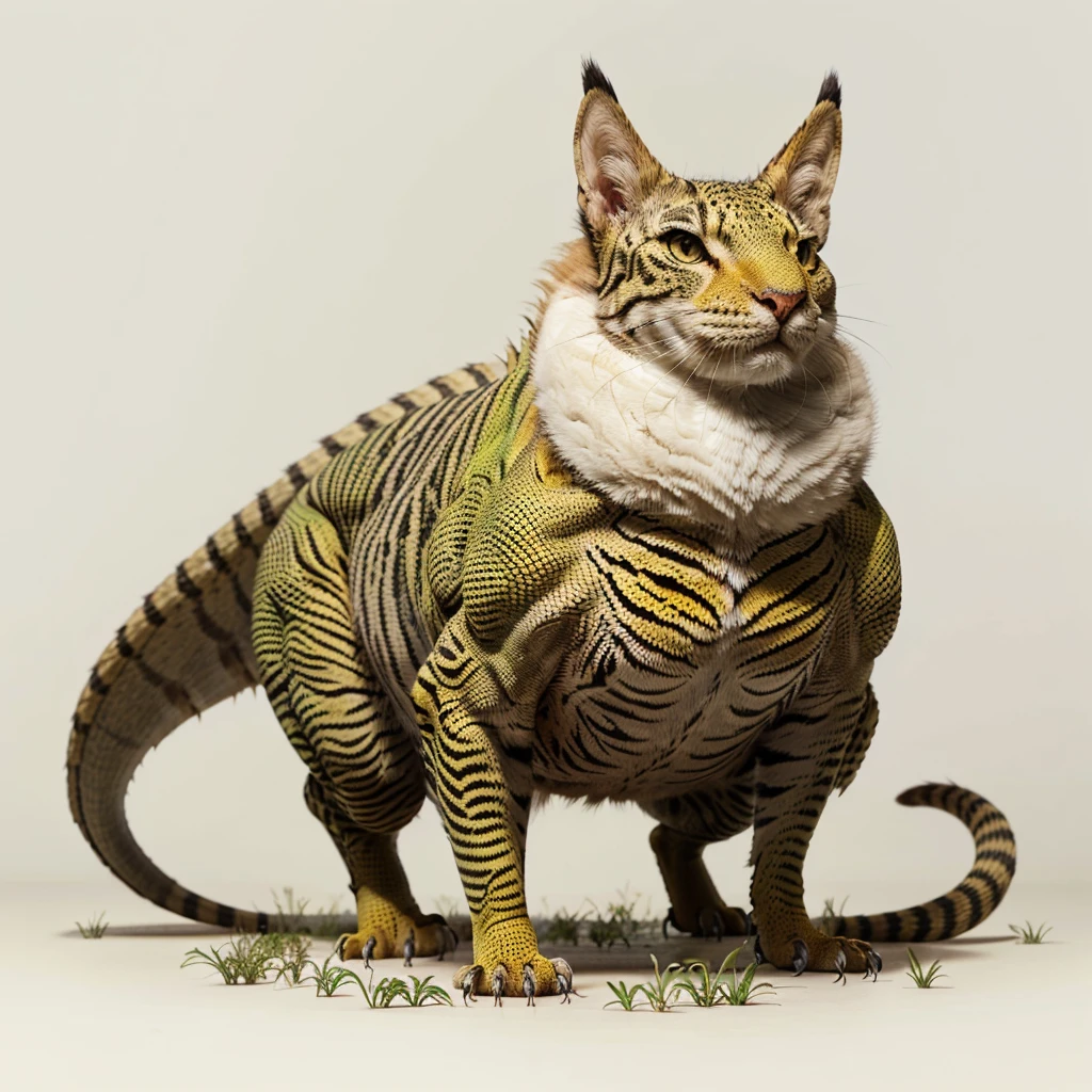 Big Animaly, has white stripes on his skin, yellow and red eyes, cat mixed with lizard, Grassroots, no background, mixed dragon head
