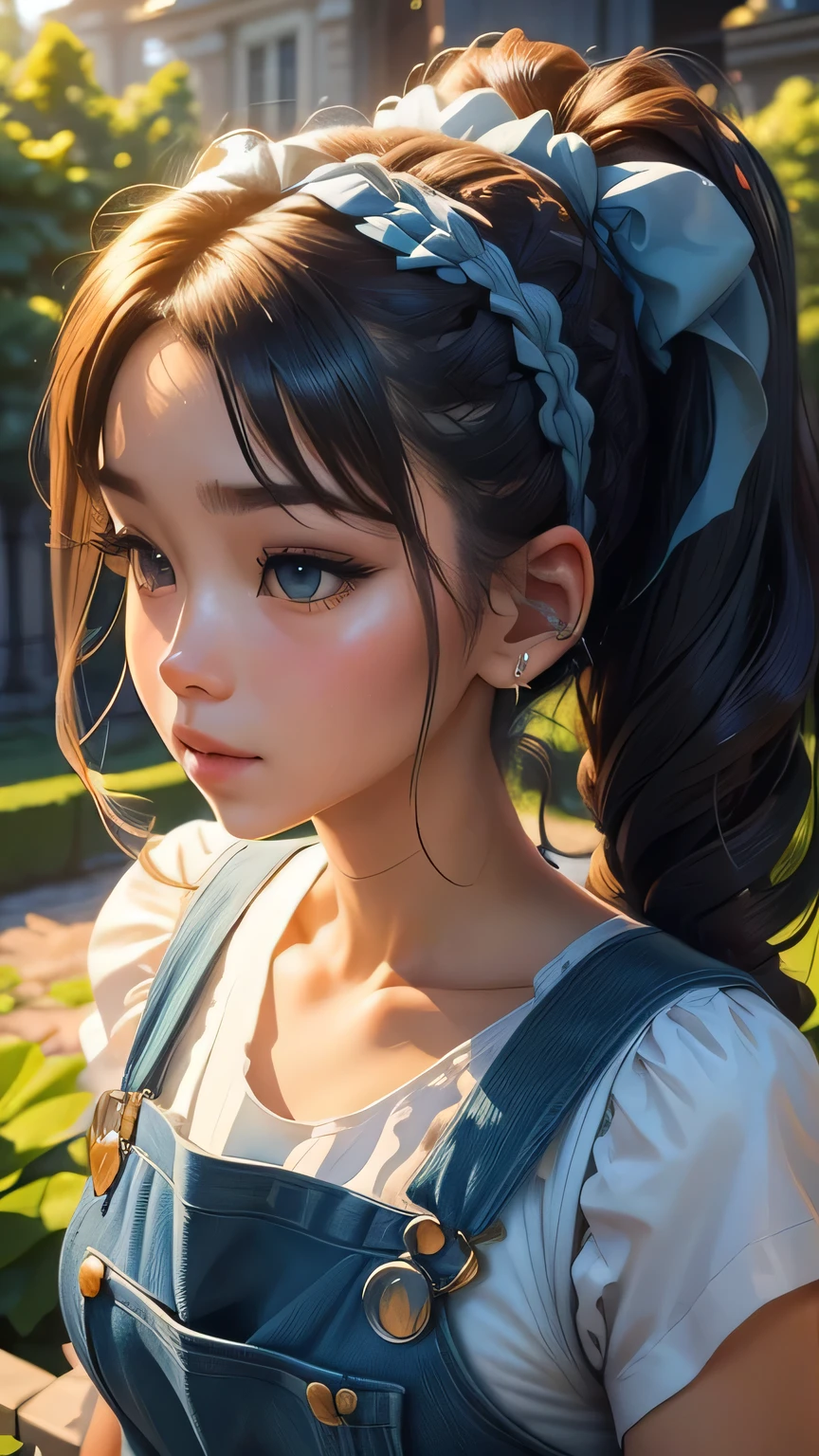 (Very detailed CG Unity 8k wallpaper, masterpiece, 最high quality, Very detailed), (Best lighting, Best Shadow, Very delicate beauty), floating, Sparkling eyes, [(head band, Earrings, Headphones and braided pigtail hair, Light blue overalls) :: 0.8] , (Dynamic pose)､ masterpiece, 最high quality, high quality, High resolution､(Upper body portrait)､In the garden of a mansion