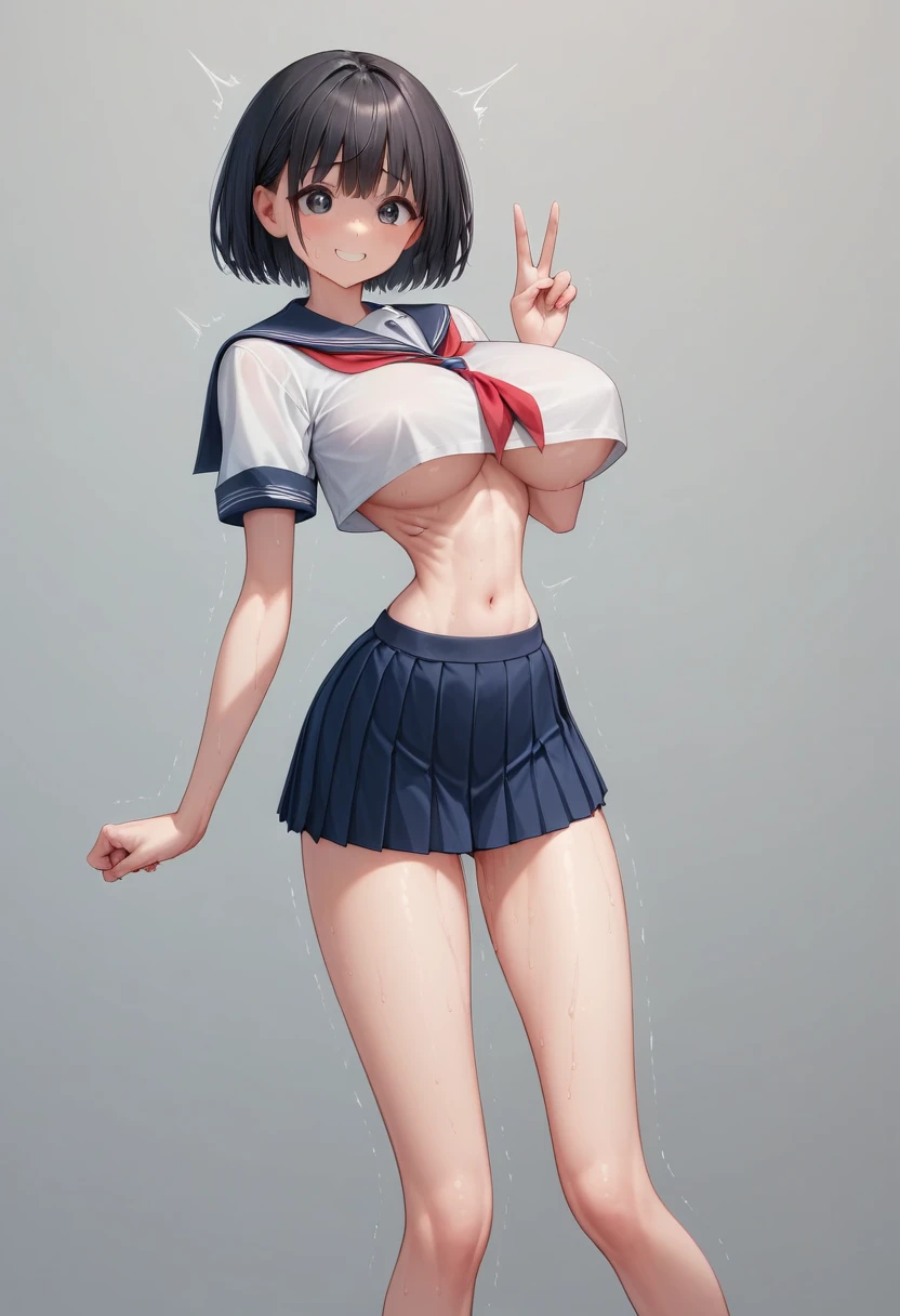 (masterpiece, best quality:1.2), front shot, beautiful 1girl, (super big breasts, micro waist, very long legs:1.3), Black hair, short bob hair, short height, scrawny and thin body, Light Skin, cute big eyes, cute beautiful thin face, forced smile, serafuku, mini skirt, pigeon-toed, (Arched back), wet and sweaty, visible ribs, Long and thin navel, V sign, Trembling, Intense sex with ugly classmate, classmate huge penis and huge hand