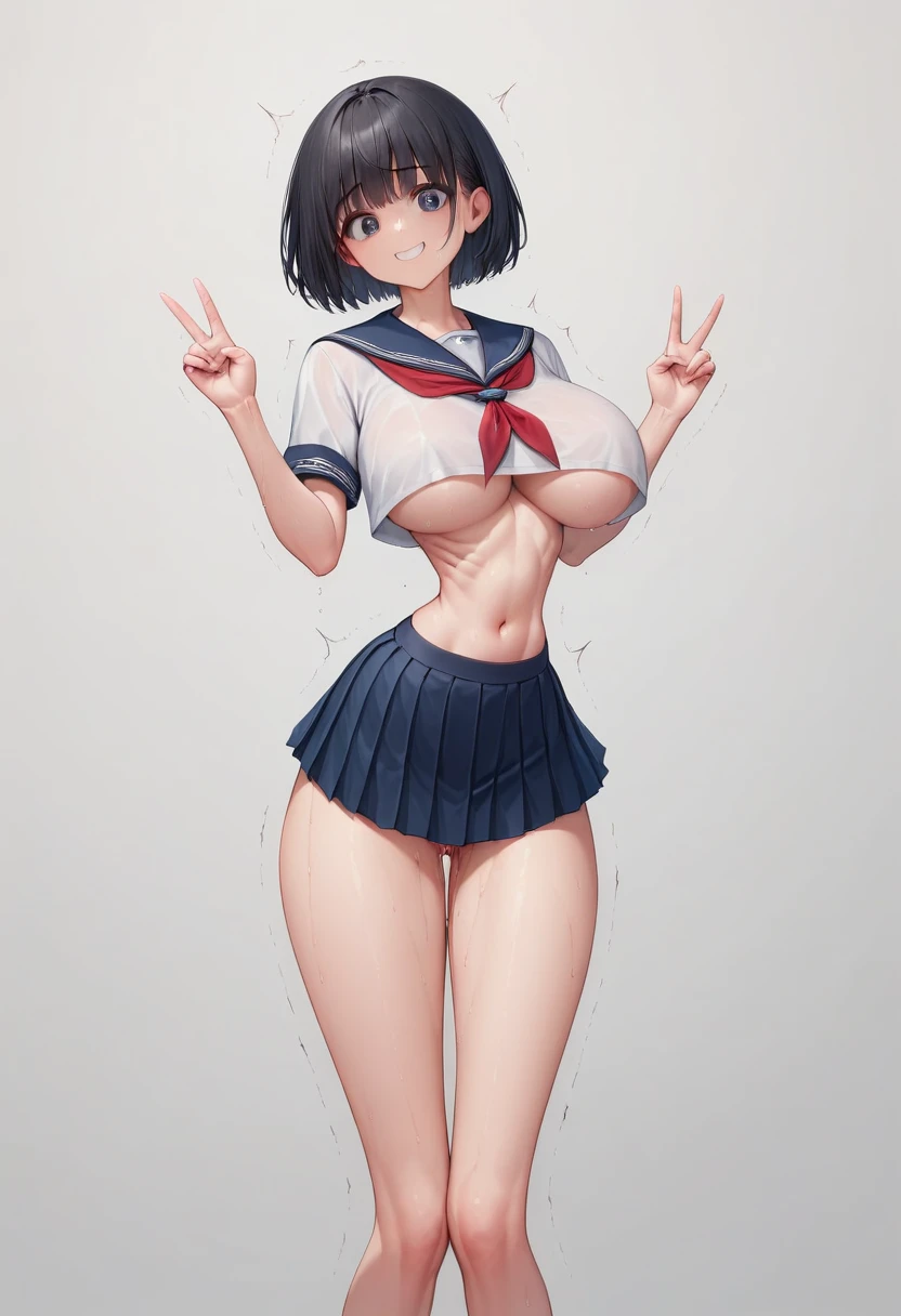 (masterpiece, best quality:1.2), front shot, beautiful 1girl, (super big breasts, micro waist, very long legs:1.3), Black hair, short bob hair, short height, scrawny and thin body, Light Skin, cute big eyes, cute beautiful thin face, forced smile, serafuku, mini skirt, pigeon-toed, (Arched back), wet and sweaty, visible ribs, Long and thin navel, V sign, Trembling, Intense sex with ugly classmate, classmate huge penis and huge hand