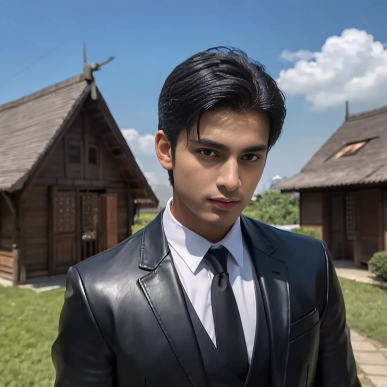Aarav looks at the camera, perfect handsome face, A well-maintained model, handsome face, handsome man, Handsome and charming, A young man with a beautiful face, handsome man, Handsome young man's face, smooth hair back, Asian man. Close-up of a man wearing a black leather jacket., Southeast Asians with round faces, 3-D profile picture, 8K, 45,000,000 pixcls, realistic light colors