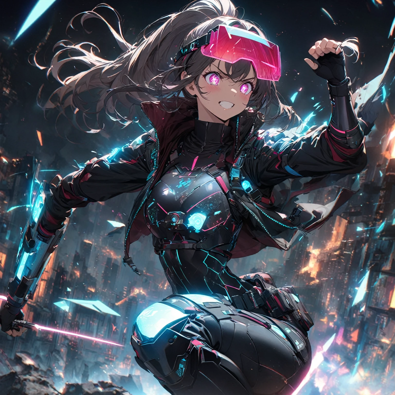 A girl with an athletic build, (nude:0.8), in a dynamic pose showcasing agility, with an excited facial expression, wide sparkling eyes, a broad smile or shout, and clenched fists, wearing a sleek, fitted, armored bodysuit with reinforced segments and glowing circuitry patterns, a cropped, high-collar leather jacket with metallic studs, lightweight cyber-enhanced bracers with holographic interfaces, fingerless gloves with glowing runes, combat-ready pants with reinforced knee pads and utility pockets, a utility belt with a glowing buckle, high-tech shin guards with thrusters and retractable blades, sturdy knee-high combat boots with reinforced soles, her hair styled in a high ponytail or braided with metallic threads and glowing beads, a sleek augmented reality visor with metallic feathers, in a color scheme of dark tones with bright glowing accents, a short, asymmetrical color-changing cloak with glowing runes, and small mystical charms or amulets, in a dark and dramatic setting with a ruined cityscape or futuristic battleground, enhanced with sparks and energy surges illuminating the character and reflecting her fiery, powerful theme, with dynamic lighting emphasizing her energetic pose and excited expression, detailed gorgeous face| anime style| key visual| intricate detail| highly detailed| breathtaking| vibrant| panoramic| cinematic| Carne Griffiths| Conrad Roset| gibbli 8k