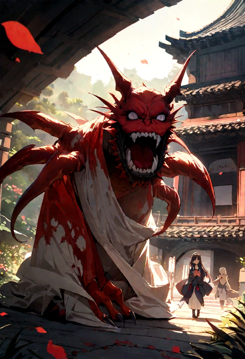 Japanese Yokai「Red Nyudo」Please write a scene where a man surprises a woman.。Red Nyudoは身長が高く、Have a red face、Wearing white tattered cloth。Only the face is visible through the fabric.。It has sharp eyes, a large mouth, and long, pointed claws.、The background is an old bridge。
