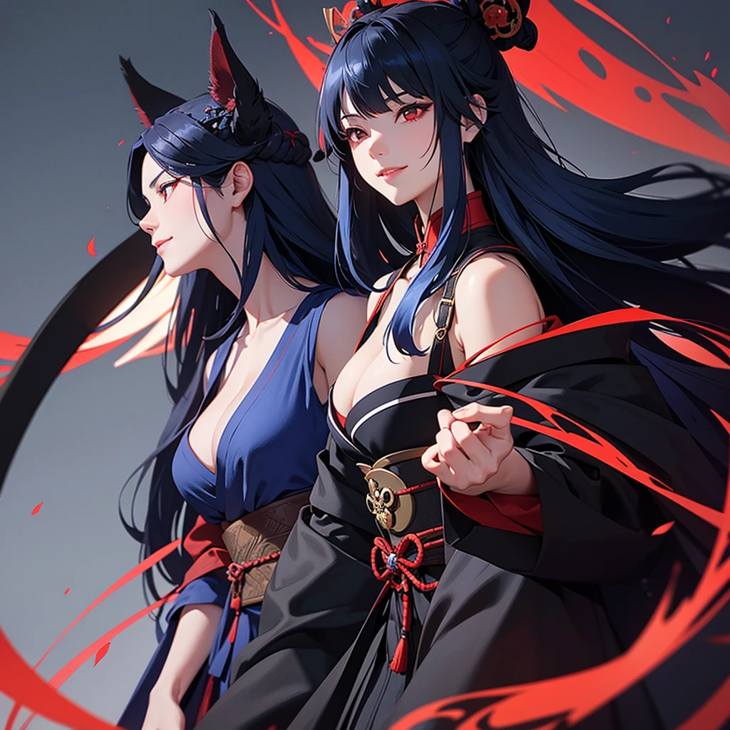 A close-up of her cleavage from a profile angle。
Smiling and looking up。
Samurai holding weapons。
Dark Background。
Long blue hair and wolf earature woman with red eyes。
Clothes with main color black and sub color red。
Draw hands in detail。