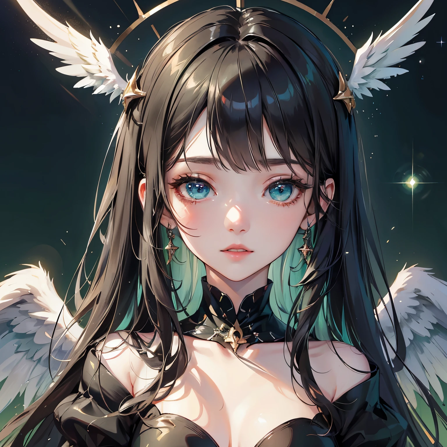 (absurdres, highres, ultra detailed, HDR), masterpiece, best quality, a mature heroine, detailed face, beautiful face with decorative detailed (long sleek black hair with flat bangs) (green eyes), seraphina talking to a little  black haired angel with blue eyes white wings, green details , black touch and green little outline,with blue magic mirror inside celestial palace, detailed character, detailed celestial place of goddess, laplace, detailed backdrop