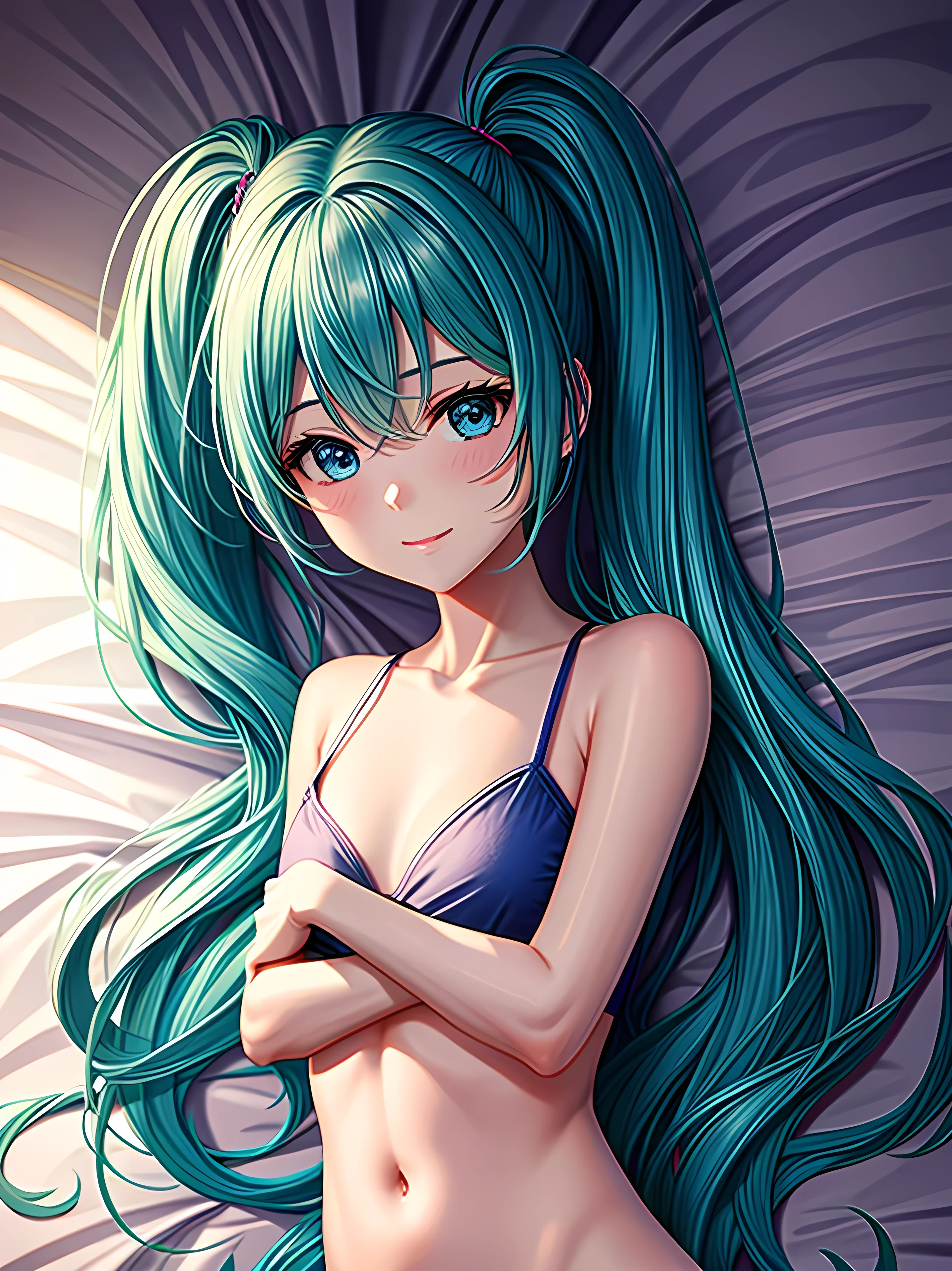 (masterpiece:1.4、Highest quality、shape:1.4,Realistic、)、(Character Focus、breast focus,Upper Body:1.3)、(One Girl),(Clear Face:1.3),(Miku hatume),Cute face,blue eyes、()、
,(stand:1.4),(A radiant smile),
,(thin),(),
(Fluorescent light green long hair:1.6,,),(Twin tails), (Small breasts:1.3)、
、thin、Hatsune_Miku_Blue Archive、Sexy pose、Swimwear、bed、Bedroom、Are sleeping