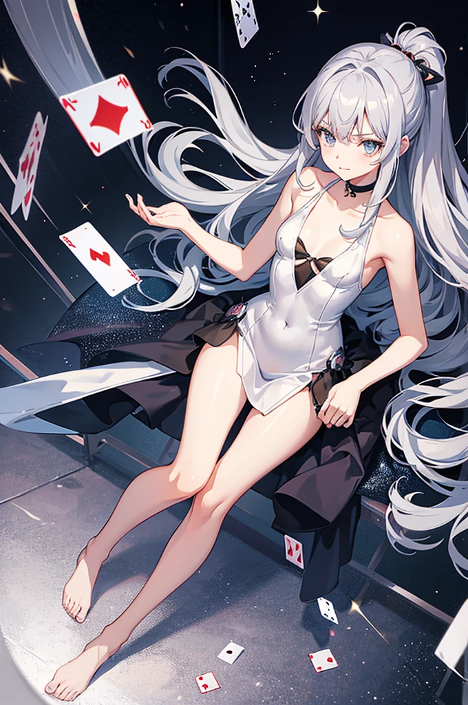 Anime-style illustrations, Highest quality, 4K, Girl 1, alone, Playing a card game, Delighted, acting cool, (Gray Hair, Long Hair, micro dress, one piece, Small breasts, The body is slim ), School, classroom,