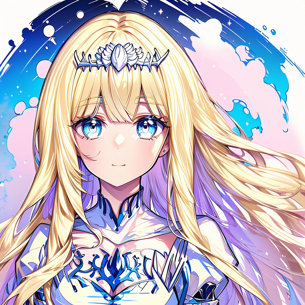 (masterpiece,highest quality,Super detailed drawing), pastel colour, ,1girl, solo, Calca, Calca Bessarez, blonde hair, (extremely long hair:1.3), very long hair, white tiara, white dress, blue eyes, medium chest, extremely long hair, medium breast