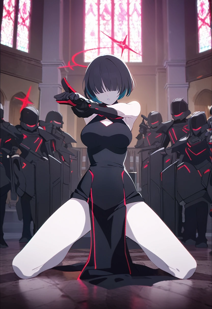 1girl, bare shoulders, clothing cutout, sleeveless, iron virgin armor, black armor, red neon, black hair, turquoise bangs, very short hair, hair over eyes, pale skin, medium breasts, turquoise eyes, black dress, church, combat pose, (masterpiece), best quality, anime style, full body