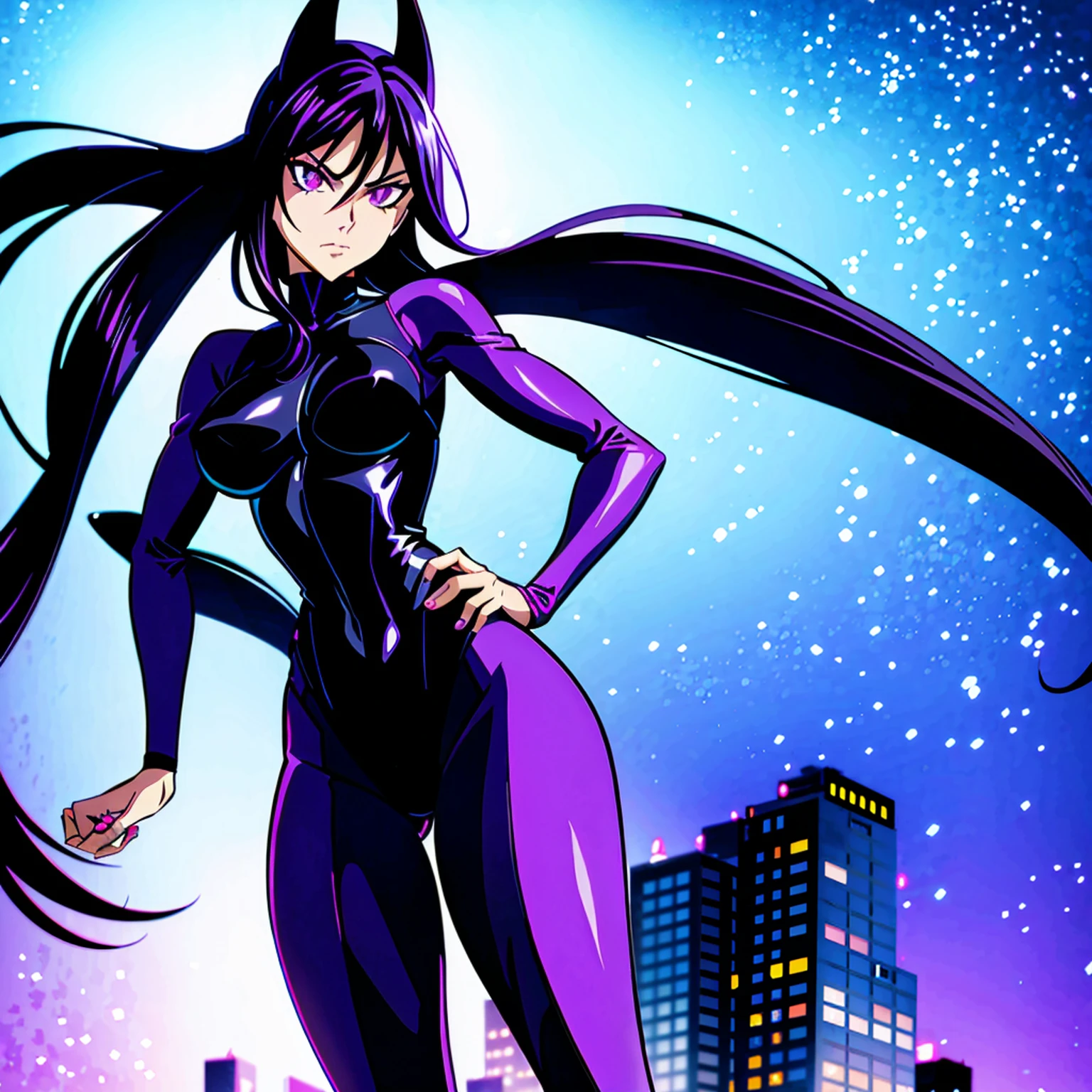 a cartoon picture of a woman in a black and purple outfit, psylocke, starfire, art of silverfox, cutesexyrobutts, artgerm style, artgerm colorful!!!, style artgerm, in the style artgerm, artgerm and lois van baarle, style ivan talavera and artgerm, character blackfire titans, 1 girl, 1 solo girl, very detailed eyes, nose, mouth, backdrop of a very detailed city, at night, Gotham city vibes, sem anomalias pelo corpo