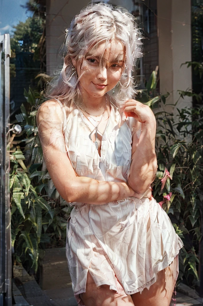 Portrait. Instagram selfie of a russian 19 years old model girl in pink short tight dress with no straps. Highly detailed simmetrical face staring in camera. she stands half sideways. Photo from above and sideways. silver clutch in her hand. pink coctail short dress without straps.pink coctail short dress without straps. Long white hair. shoulders opened. Extremly detailed evening cafe room on the background. platinum blonde. White hair. lips half opened. Silver necklace and small tiny earrings. Live photo in motion. Selfie. smile on her lips. White hair falling on shoulders. Standing White hair falling on shoulders. White hair falling on shoulders. silver clutch in her hand. White hair falling on shoulders. blue eyes. upper body visible. vogue opened pose. She should have a happy expression. soft lights. detailed hairstyle, long hair falling on shoulders, symmetrical. photo from instagram. silver clutch in her hand. silver clutch in her hand.