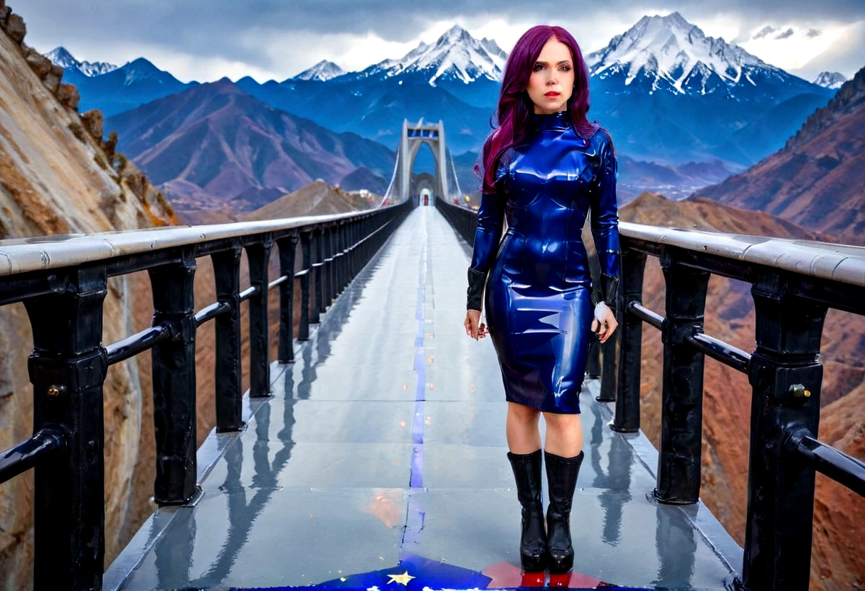 hdr, best image, 8k, photo 3;1, of A beautiful woman, blue latex dress, below the knee, long purple hair, 'black shoes', standing in 1; narrow bridge, white ivory with GOLD, red tile floor, high, over the mountains, descending to the infinity of the universe, stars of the cosmos, universe, giant mountain