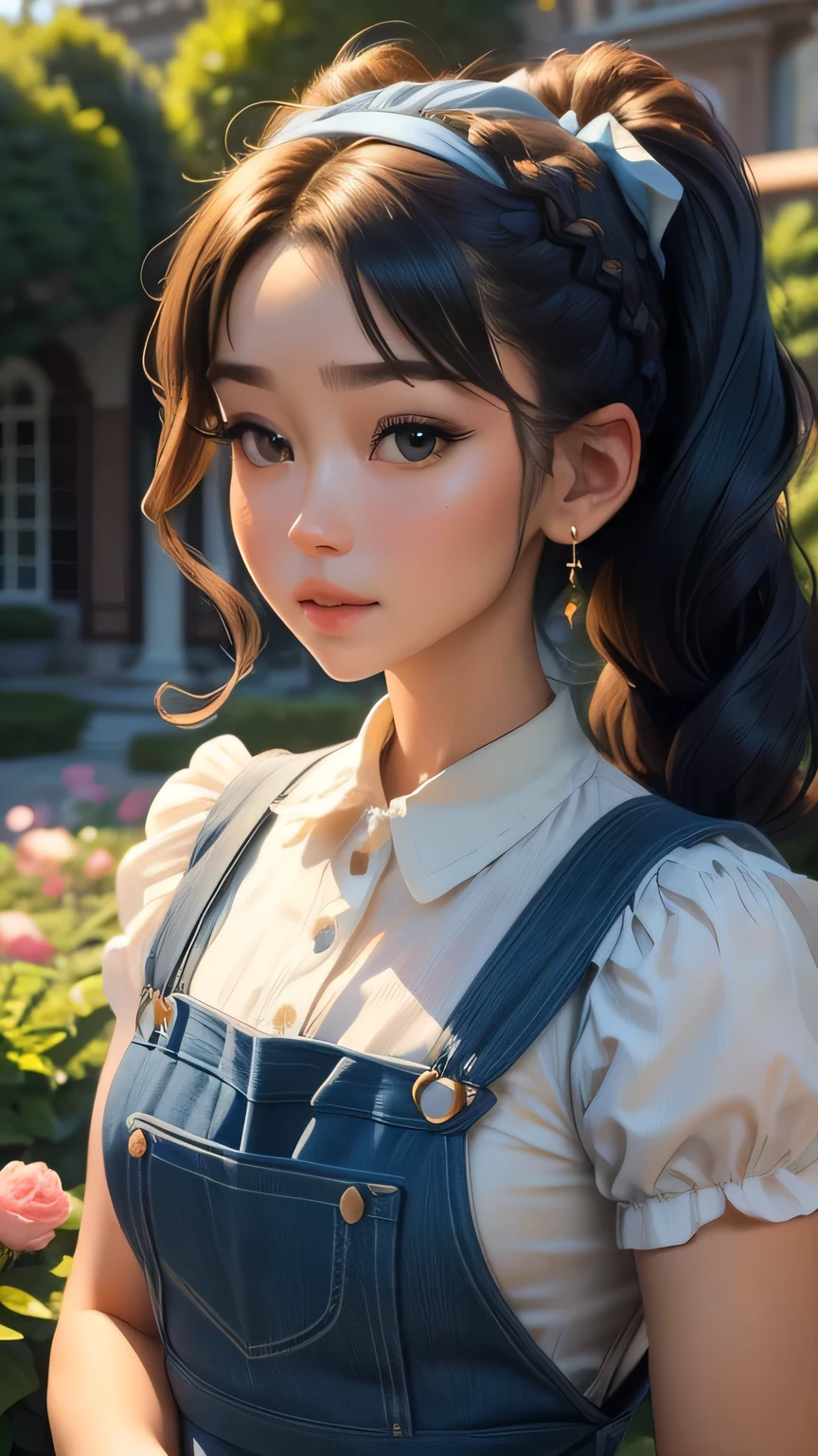 (Very detailed CG Unity 8k wallpaper, masterpiece, 最high quality, Very detailed), (Best lighting, Best Shadow, Very delicate beauty), floating, Sparkling eyes, [(head band, Earrings, Braided pig tail hair, Light blue overalls) :: 0.8] , (Dynamic pose)､ masterpiece, 最high quality, high quality, High resolution､In the garden of a mansion､(Upper body portrait)､