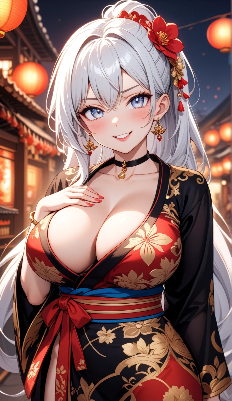 (One personの女性)), Beautiful Face, (Laughing embarrassedly), ((smirk)), ((Wink:1.8)),  Laugh with your mouth wide open,((Bright red cheeks:1.4)),Shiny red lips, night,rooftop,Festivals, firework,Glossy pink lips,Facial lighting,((Anime style background)),masterpiece, Highest quality, so beautiful,up to date, Complex details, (4fingers and 1thumbs), (Pink long nails), (ring),(bracelet),(choker),AI-generated, Complex,High resolution, Highest quality, super high quality,3D Images、3D Images,One person,Long white hair in a side high ponytail,(blue eyes),  ((Fine grain、Silvery white colorful eyes、Shining Eyes:1.3)), (Squint your eyes:1.1), Anime woman posing for a photo, a hyperRealistic , hyperRealistic , Realistic,Anime woman with long white hair, Smooth anime CG art, A woman in a colorful kimono with gold embroidery, (Black long sleeve kimono),  Red floral pattern,Long flower hair ornament,Earrings,Mature Body,(Big Breasts:1.1),Tall,Abdominal muscles,Narrow waist,(Zoom in on face:1.3), 