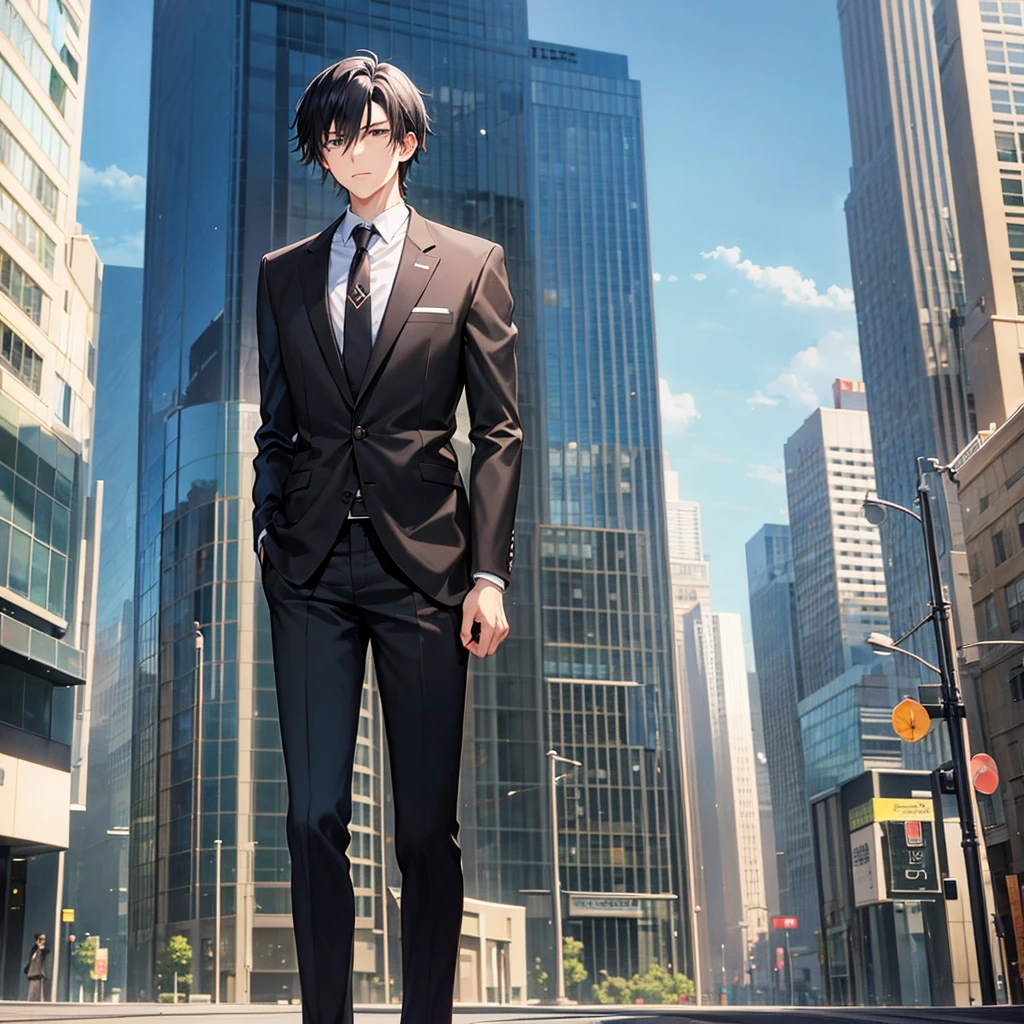 Anime black-haired man in a suit turns his back and stands in the city.