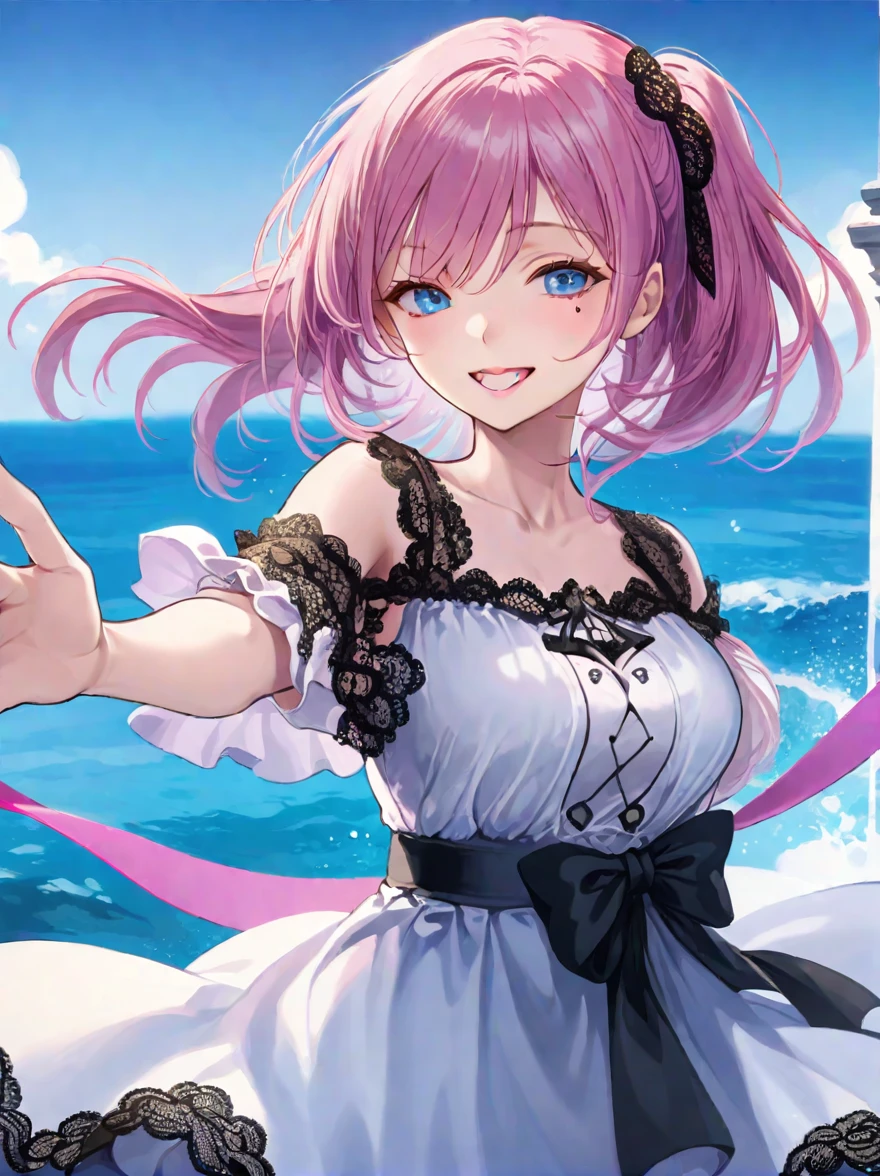 ((Best quality)), ((masterpiece)), (detailed), ((perfect face)), One Girl、Pink Hair、blue eyes、A white dress with black lace、large pink ribbon on the chest、Ocean、Waving、smile