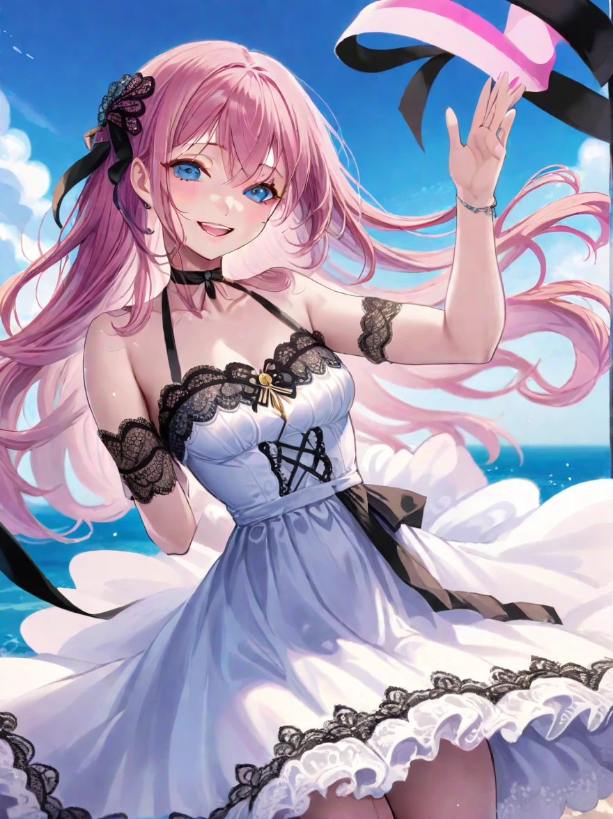 ((Best quality)), ((masterpiece)), (detailed), ((perfect face)), One Girl、Pink Hair、blue eyes、A white dress with black lace、large pink ribbon on the chest、Ocean、Waving、smile