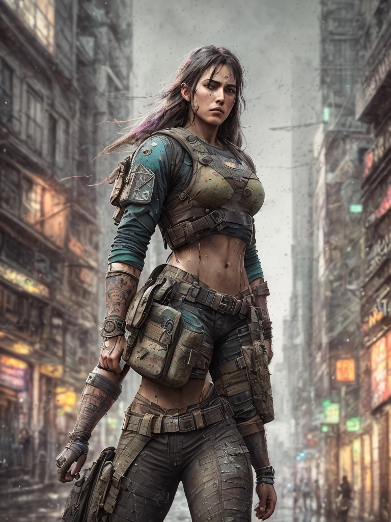 strong muscular wooman, street angry, backpack, epic realistic, photo, faded, complex stuff around, intricate background, soaking wet, neutral colors, ((((hdr)))), ((((muted colors)))), intricate scene, artstation, intricate details, vignette