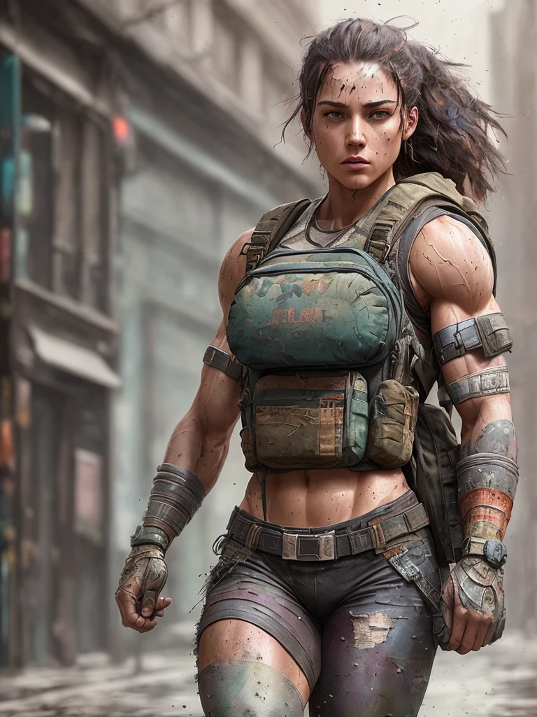 strong muscular wooman, street angry, backpack, epic realistic, photo, faded, complex stuff around, intricate background, soaking wet, neutral colors, ((((hdr)))), ((((muted colors)))), intricate scene, artstation, intricate details, vignette