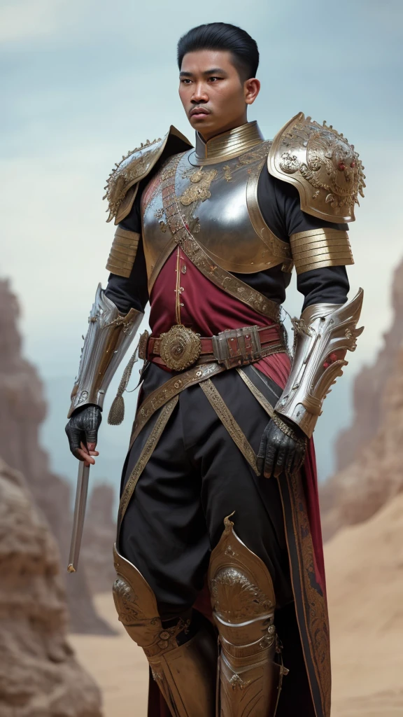 Masterpiece, cinematic landscape, best quality, baroque, realistic, man, future century armor, unique modern armor, upper body, looking at the viewer, a soldier of the Majapahit kingdom, facing his king