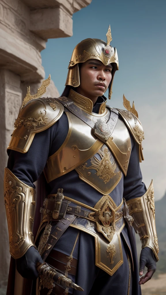 Masterpiece, cinematic landscape, best quality, baroque, realistic, man, future century armor, unique modern armor, upper body, looking at the viewer, a soldier of the Majapahit kingdom, facing his king