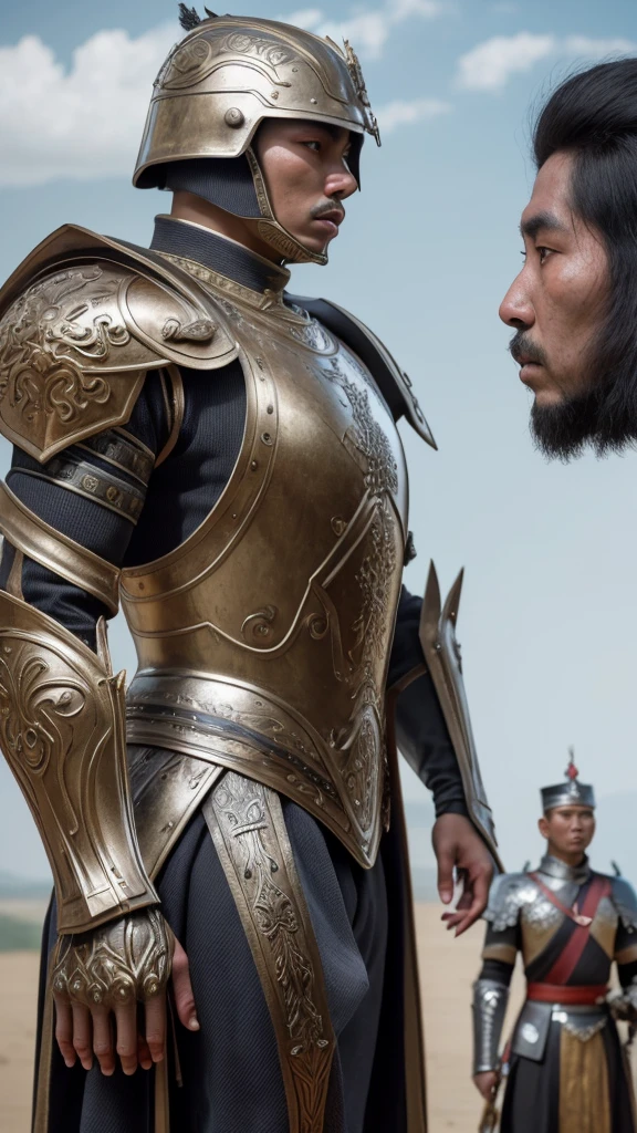 Masterpiece, cinematic landscape, best quality, baroque, realistic, man, future century armor, unique modern armor, upper body, looking at the viewer, a soldier of the Majapahit kingdom, facing his king