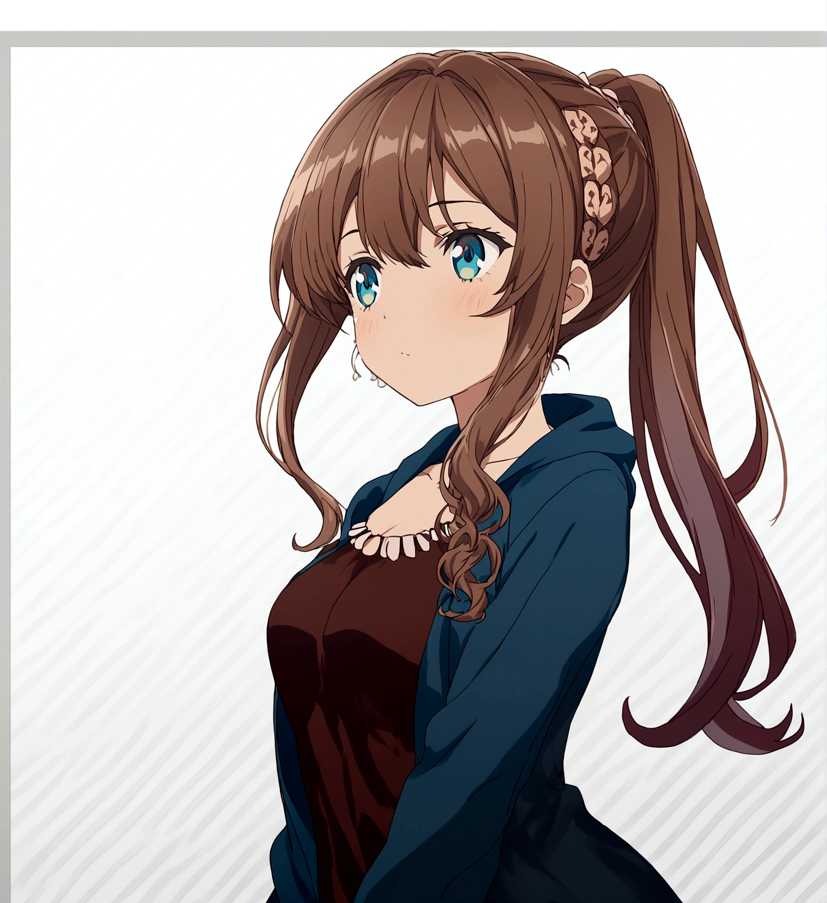 a girl with a full body , long black hair , cinnamon skin and blue eyes anime
